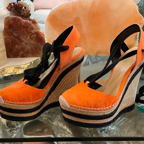 Gucci Orange/Black Suede Wedge Espadrille - Picture 2 of 4